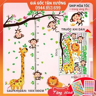 Tranh đề can,decal dán tường cho bé đo chiều cao khỉ và hươu cao cổ, tranh dán tường cho bé đo chiều cao mẫu mới