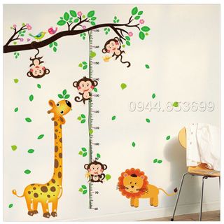 Tranh đề can,decal dán tường cho bé đo chiều cao khỉ và hươu cao cổ, tranh dán tường cho bé đo chiều cao mẫu mới