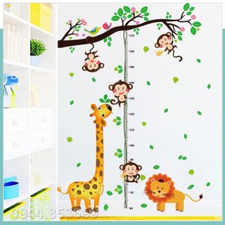 Tranh đề can,decal dán tường cho bé đo chiều cao khỉ và hươu cao cổ, tranh dán tường cho bé đo chiều cao mẫu mới