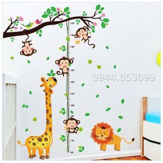 Tranh đề can,decal dán tường cho bé đo chiều cao khỉ và hươu cao cổ, tranh dán tường cho bé đo chiều cao mẫu mới