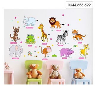Decal dán tường động vật có tiếng anh cho bé, tranh hình sticker decal dán tường cho bé