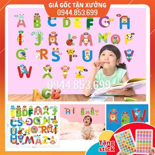 Decal dán tường cho bé trai - gái học bảng chữ cái, tranh dán tường cho bé, đề can dán tường cho bé DLX912C