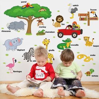 Decal dán tường cho bé trai - gái học các con vật tiếng, tranh dán tường cho bé SK9084