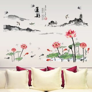 Decal dán tường sen cá mây núi