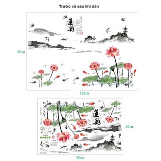 Decal dán tường sen cá mây núi