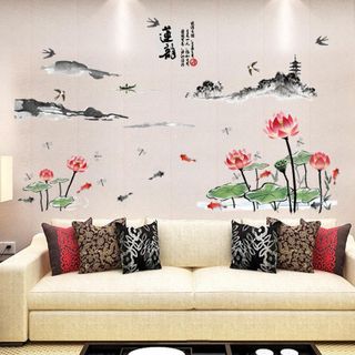 Decal dán tường nghệ thuật sen cá mây núi
