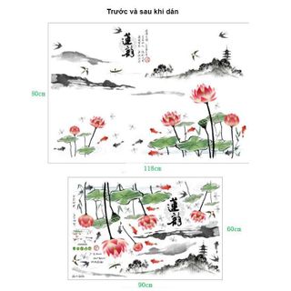 Decal dán tường nghệ thuật sen cá mây núi