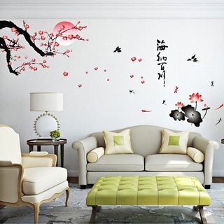 Decal dán tường cây hoa đào cạnh hồ sen