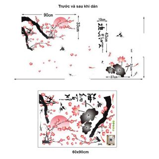 Decal dán tường cây hoa đào cạnh hồ sen