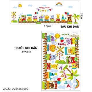 Tranh đề can, decal dán tường cho bé đoàn tàu và các con vật nghộ nghĩnh trang trí phòng bé, hình dán sticker con vật