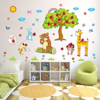 Decal dán tường cho bé động vật mùa táo trang trí phòng bé, hình sticker dán tường cho bé giá sỉ