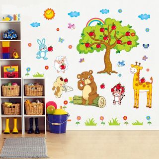 Decal dán tường cho bé động vật mùa táo trang trí phòng bé, hình sticker dán tường cho bé