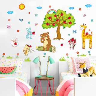 Decal dán tường cho bé động vật mùa táo trang trí phòng bé, hình sticker dán tường cho bé