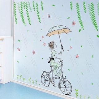 Decal dán tường cô gái che ô trong mưa cho bé