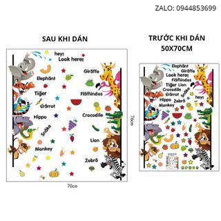 Đề can dán tường cho bé các con vật tiếng anh cho bé học,tranh hình sticker các con vật cho bé học tiếng anh