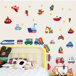 Decal dán tường cho bé học các phương tiện giao thông, hình sticker dán tường phương tiện giao thông