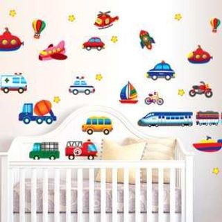 Decal dán tường cho bé học các phương tiện giao thông, hình sticker dán tường phương tiện giao thông