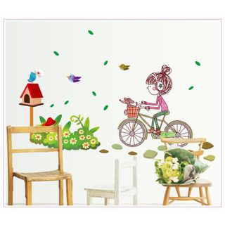 Decal dán tường cô gái đạp xe đeo headphone và ngôi nhà chim vui vẻ AY7085 giá sỉ