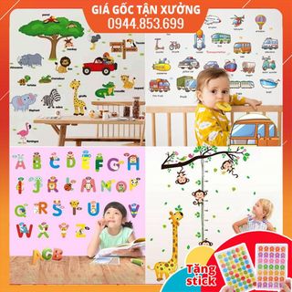 Decal dán tường cho bé trai - gái học các con vật tiếng anh, bảng chữ cái, tranh dán tường cho bé nhiều chủ đề