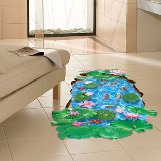 Tranh decal, Đề can dán tường 3D dán sàn nhà hình ao sen cá trang trí phòng tắm, sticker 3D giá sỉ