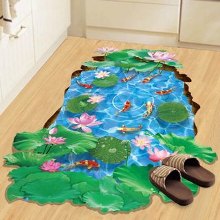 Tranh decal, Đề can dán tường 3D dán sàn nhà hình ao sen cá trang trí phòng tắm, sticker 3D