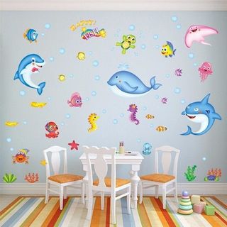 Tranh dán tường cho bé, đề can dán tường cho bé trai bé gái học cá và động vật dưới nước trang trí phòng giá sỉ