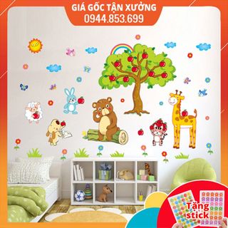 Tranh dán tường, giấy decal dán tường cho bé Hàn Quốc về động vật mùa táo vui vẻ, đề can dán tường cho bé giá sỉ