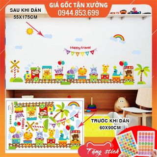 hình dán sticker cho bé đoàn tàu động vât vui vẻ, tranh đề can dán tường cho bé trang trí phòng