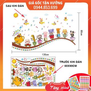 hình dán sticker cho bé đoàn tàu động vât vui vẻ, tranh đề can dán tường cho bé trang trí phòng