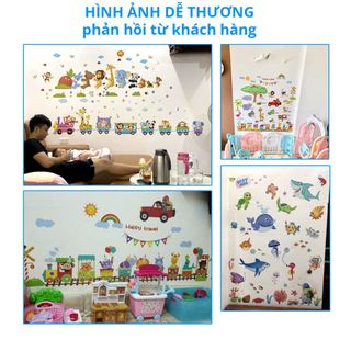 hình dán sticker cho bé đoàn tàu động vât vui vẻ, tranh đề can dán tường cho bé trang trí phòng