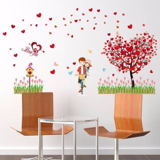 Tranh decal, Đề can dán tường tình yêu xe đạp với cây hình trái tim màu đỏ trang trí phòng ngủ phòng cưới giá sỉ