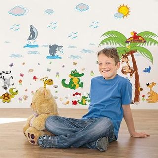 Combo 2 tranh dán tường cho bé,decal dán tường cho bé các con vật dưới biển và đoàn tàu giá sỉ