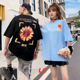 Áo unisex tay lỡ form rộng vải tici in hoa mặt trời