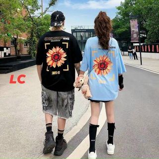 Áo unisex tay lỡ form rộng vải tici in hoa mặt trời