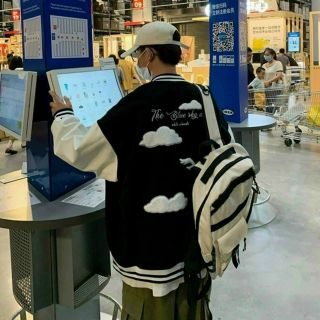 Áo khoác dù bomber nút bấm logo in đám mây