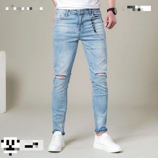 Quần jean nam xanh rách gối ống Slim fit, dáng ôm SUMYF