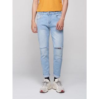 Quần jean nam xanh rách gối ống Slim fit, dáng ôm SUMYF