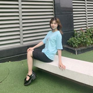 Sét bộ nữ ,đồ bộ lững ngố nữ thun coton sufa,áo phom rộng phối quần đen ,thời trang xuân hè BL15-XANH LAM