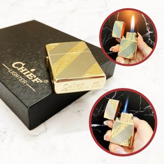 BẬT LỬA CHIEF 2 RUỘT - 3 LỬA HOA VĂN VÀNG ĐEN/VÀNG BẠC (1 RUỘT ZIPPO XÀI XĂNG - 1 RUỘT 2 LỬA XÀI GAS) - Phân phối bởi TANYLIGHTER CF2R3L