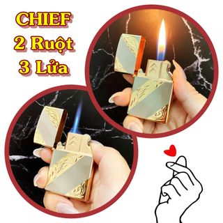 BẬT LỬA CHIEF 2 RUỘT - 3 LỬA HOA VĂN VÀNG ĐEN/VÀNG BẠC (1 RUỘT ZIPPO XÀI XĂNG - 1 RUỘT 2 LỬA XÀI GAS) - Phân phối bởi TANYLIGHTER CF2R3L