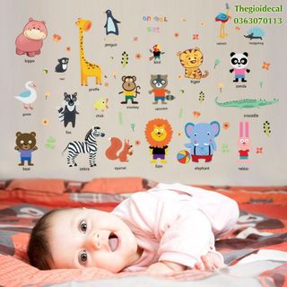 Decal dán tường cho bé trai gái học các con vật tiếng anh, tranh dán tường cho bé dạng sticker thú có tiếng anh
