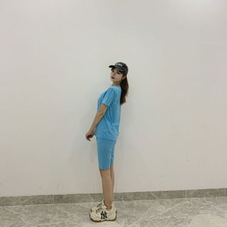 Sét bộ nữ ,đồ bộ lững ngố nữ thun coton sufa,áo phom rộng phối quần đen ,thời trang xuân hè BL16-XANH LAM