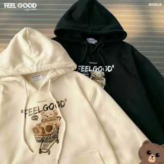 Áo hoodie nỉ bông mịn nón 2 lớp bự, tay phồng in feelgood form dưới 70kg