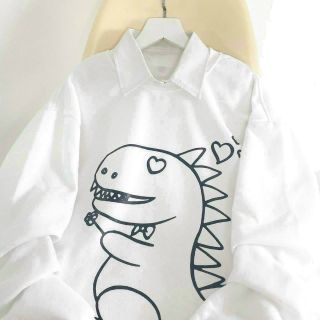 Áo sweater nỉ ngoại in khủng long tay phồng form chuẩn 68kg đẹp