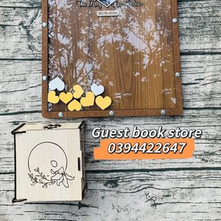 Hộp thả tim NỀN GỖ dáng hình chữ nhật size 100,200 tim ký tên| Thao Wedding GuestBook