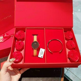SET ĐỒNG HỒ D W DA HOA KÈM CUFF CAO CẤP