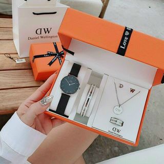 SET ĐỒNG HỒ D W KÈM DÂY CHUYỀN LẮC TAY NHẪN ĐÔI BÔNG