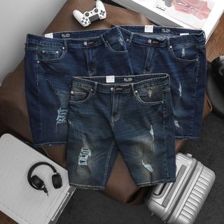 Short jean nam bigsize màu xanh trơn, rách, rách chấm size 85kg - 125kg