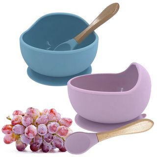 Bát ăn dặm silicon, đế hút siêu dính kèm thìa mềm cán gỗ