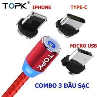 Bộ Cáp Sạc Dù Nam Châm 3 Đầu Hít Dành Cho ANDROI/IPHONE/TYPE C Xoay 360 Độ, Có Đèn Led